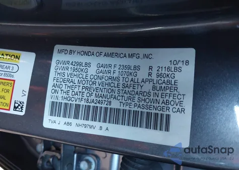 2018 Honda Accord Lx from USA, damaged, VIN 1HGCV1F18JA249728
